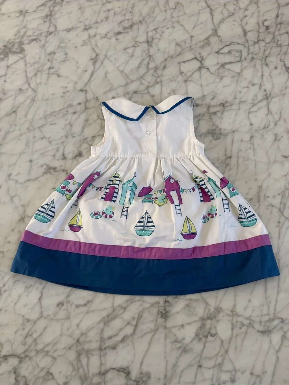 Gymboree Sz 3-6 Mo Hippo White Nautical Print Dress With Bloomers Blue Trim